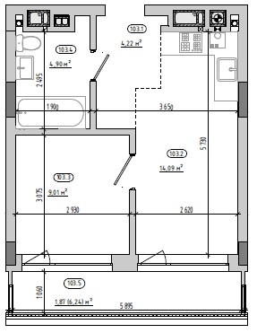 1-кімнатна квартира 34.09 м²