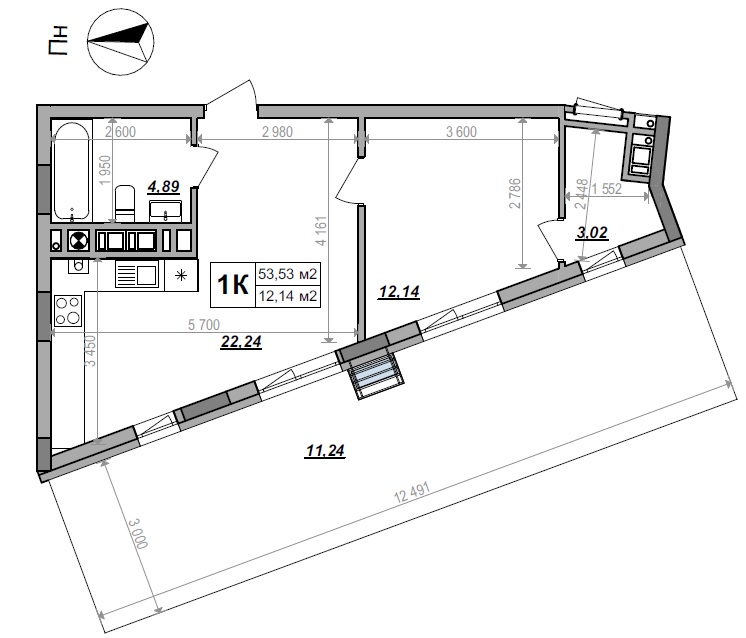 1-кімнатна квартира 53.53 м²
