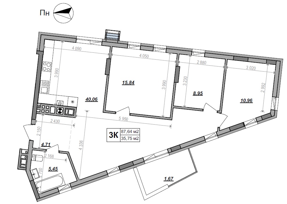3-кімнатна квартира 87.64 м²