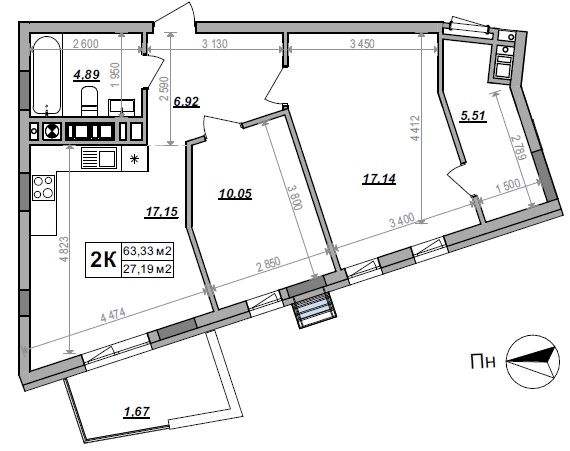 2-кімнатна квартира 63.33 м²
