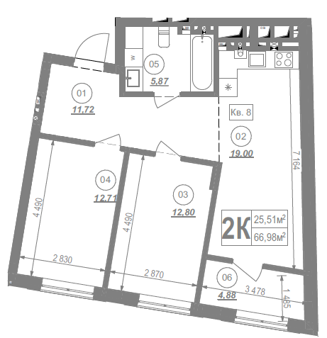 2-кімнатна квартира 66.98 м²