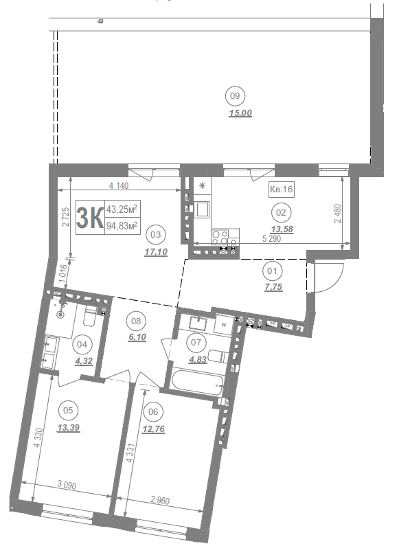 3-кімнатна квартира 94.83 м²