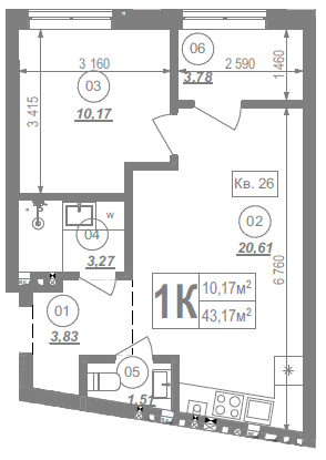 1-кімнатна квартира 43.17 м²