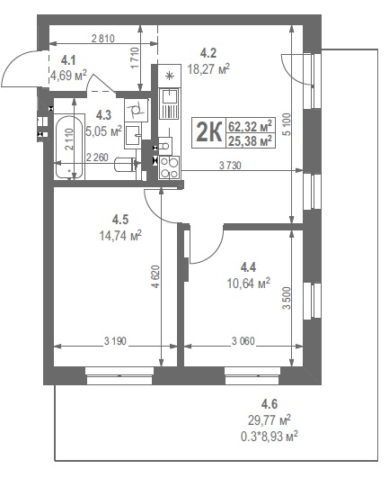 2-кімнатна квартира 62.32 м²