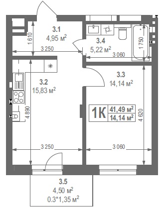 1-кімнатна квартира 41.49 м²