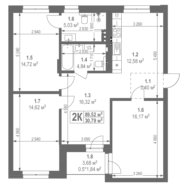 3-кімнатна квартира 89.52 м²