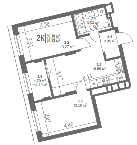 2-кімнатна квартира 58.82 м²