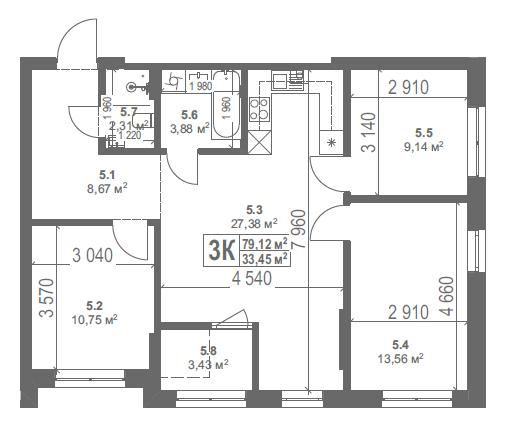 3-кімнатна квартира 79.12 м²