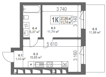 1-кімнатна квартира 37.93 м²