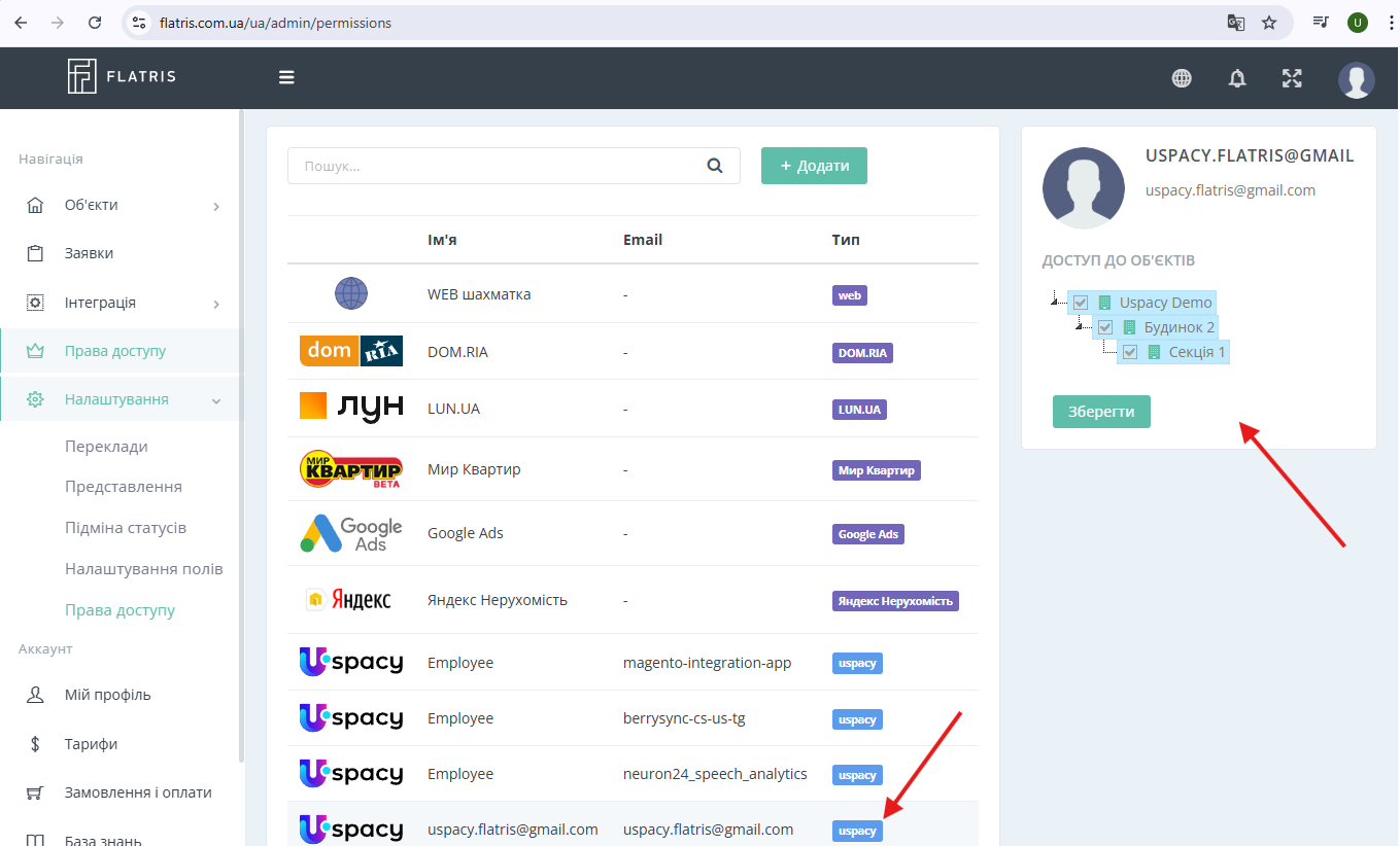 Uspacy users access to FLATRIS objects